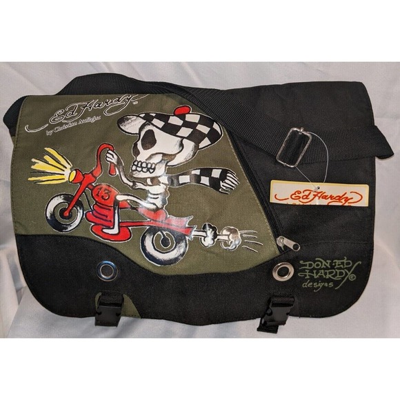 Ed Hardy SPEEDY Motorcycle Skeleton ARMY GREEN Messenger Bag Y2K NWT